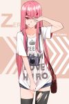  1girl adjusting_hair bag black_legwear camera character_name collarbone commentary darling_in_the_franxx english_commentary eyebrows_visible_through_hair highres horns in_mouth long_hair nonh_(wormoftank) pink_hair red_eyes red_horns shirt short_shorts shorts smile solo straight_hair t-shirt thigh-highs torn_clothes torn_thighhighs white_shirt zero_two_(darling_in_the_franxx) 