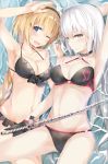  2girls bikini black_bikini black_hairband blonde_hair blue_eyes braid breasts cleavage cowboy_shot fate/apocrypha fate/grand_order fate_(series) hairband highres jeanne_d&#039;arc_(alter)_(fate) jeanne_d&#039;arc_(alter_swimsuit_berserker) jeanne_d&#039;arc_(fate) jeanne_d&#039;arc_(fate)_(all) jeanne_d&#039;arc_(swimsuit_archer) katana large_breasts long_hair multiple_girls o-ring o-ring_bikini o-ring_bottom o-ring_top partially_submerged silver_hair sunoril swimsuit sword water weapon yellow_eyes 