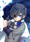  1boy black_gloves blue_eyes blue_flower blue_rose bow ciel_phantomhive earrings eyebrows_visible_through_hair eyepatch flower formal gloves grey_hair grey_jacket hair_between_eyes half_gloves jacket jewelry kuroshitsuji mamo_(fortune-mm) petals rose short_hair signature solo striped striped_bow upper_body 