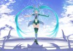  1girl asymmetrical_sleeves black_gloves black_legwear black_leotard black_neckwear blue_eyes blue_hair blue_sky clouds cosmicsnic day fingerless_gloves floating_hair full_body gloves green_eyes hair_between_eyes hatsune_miku highres leotard long_hair looking_at_viewer microphone midriff navel navel_cutout necktie outdoors pen_in_pocket sky smile solo standing stomach thigh-highs twintails very_long_hair vocaloid 