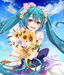 1girl 2016 :d blue_eyes blue_hair blue_sky blush bouquet character_name clouds dated day floating_hair flower hair_between_eyes hair_flower hair_ornament hatsune_miku holding holding_bouquet long_hair looking_at_viewer mamo_(fortune-mm) open_mouth outdoors pink_flower shiny shiny_skin skirt sky sleeveless smile solo sunflower twintails very_long_hair vocaloid white_flower yellow_flower 