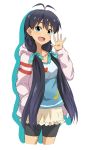  1girl :d alternate_hairstyle antenna_hair aqua_bow bike_shorts black_hair black_shorts blue_eyes bow cardigan collarbone cowboy_shot cropped_legs fang ganaha_hibiki hair_between_eyes hair_bow hand_in_pocket heart heart_print hood hooded_sweater idolmaster idolmaster_(classic) lieass long_hair looking_at_viewer low_twintails miniskirt musical_note musical_note_print open_cardigan open_clothes open_mouth pink_sweater polka_dot polka_dot_bow shiny shiny_hair short_shorts shorts shorts_under_skirt simple_background skirt smile solo sweater twintails very_long_hair white_background yellow_skirt 