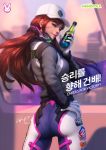  1girl ass bodysuit brown_eyes brown_hair closed_mouth d.va_(overwatch) facial_mark from_behind gloves grey_jacket hand_on_hip hat headphones headset highres holding_drink jacket long_hair looking_at_viewer looking_back orange_hair outdoors overwatch pilot_suit ribbed_bodysuit skin_tight smile stanley_lau whisker_markings white_gloves 