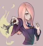  1girl artist_name commentary hair_over_one_eye highres little_witch_academia long_hair long_sleeves looking_at_viewer luna_nova_school_uniform magic pink_hair pointing red_eyes ryojojo signature simple_background sucy_manbavaran upper_body wand watermark witch 