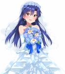  1girl :d blue_bow blue_hair blush bouquet bow bridal_veil brown_eyes collarbone dress earrings elbow_gloves floating_hair flower gloves hair_between_eyes hair_flower hair_ornament holding holding_bouquet idolmaster idolmaster_(classic) jewelry kisaragi_chihaya layered_dress lieass long_dress long_hair looking_at_viewer necklace open_mouth rose simple_background smile solo sparkle standing strapless strapless_dress veil wedding_dress white_background white_dress white_flower white_gloves white_rose yellow_flower 