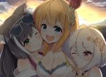  3girls :d animal_ears antenna_hair aono_(f_i_s) bangs bikini black_hair blonde_hair blue_eyes blush breasts cat_ears cleavage closed_mouth clouds commentary_request eyebrows_visible_through_hair eyewear_on_head flower girl_sandwich green_eyes hair_between_eyes hair_flower hair_ornament hairband highres jacket kokkoro_(princess_connect!) kyaru_(princess_connect) large_breasts looking_at_viewer multiple_girls off_shoulder open_mouth outdoors pecorine pointy_ears princess_connect! princess_connect!_re:dive purple_jacket rose sandwiched silver-framed_eyewear silver_hair sky smile sunglasses sunset swimsuit violet_eyes white_bikini white_hairband yellow_flower yellow_rose 