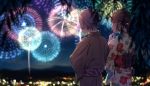  2girls aerial_fireworks aiko_(aiko_54) blurry blurry_foreground blush braid brown_hair brown_kimono closed_mouth commentary_request depth_of_field ear_piercing earrings facing_away fingernails fireworks floral_print from_behind hair_ornament hand_up highres japanese_clothes jewelry kimono looking_at_another looking_to_the_side mountain multicolored_hair multiple_girls nail_polish night night_sky obi original outdoors piercing print_kimono profile purple_hair red_eyes red_nails redhead sash short_hair sky streaked_hair striped vertical-striped_kimono vertical_stripes white_kimono 