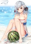  1girl alternate_costume arm_support bangs beach bikini black_ribbon blurry blush bokeh breasts cleavage closed_mouth collarbone dated day depth_of_field eyebrows_visible_through_hair food fruit full_body girls_frontline hair_ribbon jacket knees_up large_breasts leanign_back long_hair looking_at_viewer ocean off_shoulder outdoors red_eyes ribbon sand sidelocks signature silver_hair sitting skindentation smile solo sparkle spas-12_(girls_frontline) swimsuit thigh_strap twintails twitter_username unel watermelon white_bikini 