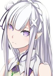  1girl choker cosmicsnic emilia_(re:zero) flower hair_flower hair_ornament hair_ribbon head_tilt highres long_hair looking_at_viewer pointy_ears portrait purple_ribbon re:zero_kara_hajimeru_isekai_seikatsu ribbon silver_hair simple_background sleeveless solo violet_eyes white_background white_flower 