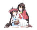  2girls animal_ears ara_han basket black_hair blush bread chibi elsword food head_wreath hua_ge_pi little_red_riding_hood long_hair multiple_girls sakra_devanam_(elsword) sandwich tail wolf_ears wolf_tail yama_raja_(elsword) 