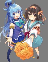  2girls aqua_(konosuba) bare_shoulders blue_eyes blue_footwear blue_hair blue_legwear blue_shirt blue_skirt blush boots bouquet bow breasts brown_eyes brown_hair detached_sleeves flower green_bow hair_ornament hair_ribbon hair_rings hairband highres kita_high_school_uniform kono_subarashii_sekai_ni_shukufuku_wo! long_hair long_sleeves multiple_girls official_art ribbon school_uniform serafuku shirt short_hair skirt suzumiya_haruhi suzumiya_haruhi_no_yuuutsu thigh-highs thigh_boots 