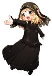  1girl absurdres black_dress blonde_hair blush dress eyebrows_visible_through_hair facing_viewer final_fantasy final_fantasy_xiv forehead_jewel green_eyes highres lalafell long_hair open_mouth outstretched_arm pointy_ears sakura_chiyo_(konachi000) solo white_background 