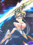  1girl ahoge arms_up artoria_pendragon_(all) ass bangs baseball_cap bikini blonde_hair blue_eyes blue_hat blue_scarf blush boots breasts cleavage fate/grand_order fate_(series) hair_between_eyes hat high_heel_boots high_heels hips lance large_breasts legs long_hair metal_boots mysterious_heroine_xx_(foreigner) navel open_mouth polearm ponytail scarf shrug_(clothing) side-tie_bikini smile solo space star_(sky) swimsuit teddy_(khanshin) thighs waist weapon white_bikini 