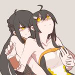  2girls ahoge ara_han bare_shoulders black_hair blush breast_grab collarbone comic elsword grabbing hair_ornament hairpin hua_ge_pi long_hair multiple_girls sakra_devanam_(elsword) yama_raja_(elsword) yellow_eyes yuri 