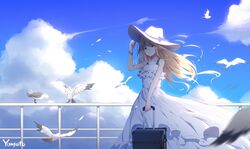  1girl absurdres artist_name bird blonde_hair blue_bow blue_eyes blue_ribbon blue_sky bow bracelet clouds collarbone day dress eyebrows_visible_through_hair floating_hair hair_between_eyes hat hat_bow hat_ribbon highres holding jewelry long_dress long_hair original outdoors ribbon sky sleeveless sleeveless_dress smile solo standing sun_hat sundress very_long_hair white_dress white_hat yumuto_(spring1786) 