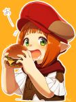  1girl drooling eating final_fantasy final_fantasy_xiv food freckles green_eyes hamburger hat highres holding holding_food lalafell looking_at_viewer open_mouth orange_background pointy_ears redhead sakura_chiyo_(konachi000) short_hair solo upper_body 