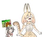  animal_ears backpack bag black_hair blonde_hair closed_eyes crying elbow_gloves extra_ears fuyuri_(tibirobo) gloves hat highres kaban_(kemono_friends) kemono_friends photo-referenced reference_photo_inset serval_(kemono_friends) sign tail tears white_background 