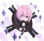  1girl armored_leotard asymmetrical_legwear bangs black_legwear black_leotard blush breasts chibi commentary_request eyebrows_visible_through_hair eyes_visible_through_hair fate/grand_order fate_(series) gloves hair_over_one_eye large_breasts leotard looking_at_viewer mash_kyrielight milkpanda navel open_mouth outstretched_arm pink_hair purple_gloves shield short_hair single_thighhigh solo sparkle thigh-highs 