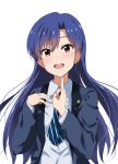  1girl :d blue_hair blue_neckwear blush brown_eyes dress_shirt floating_hair grey_jacket grey_shirt hair_between_eyes idolmaster idolmaster_(classic) jacket kisaragi_chihaya lieass long_hair looking_at_viewer necktie open_clothes open_jacket open_mouth shiny shiny_hair shirt simple_background smile solo striped_neckwear upper_body very_long_hair white_background 