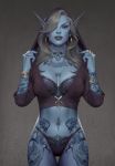  1girl alternate_costume armor artist_request bikini_armor blue_skin breasts elf glowing glowing_eyes hood long_hair navel pointy_ears red_eyes solo sylvanas_windrunner tattoo underwear warcraft world_of_warcraft 