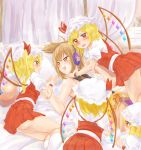  5girls ass bare_shoulders bed blonde_hair blush bow brown_eyes brown_hair commentary earmuffs flandre_scarlet four_of_a_kind_(touhou) gem hair_bow hand_holding hat highres looking_at_another lying mob_cap momo_(baso4) multiple_girls multiple_persona on_back on_side open_mouth pointy_hair puffy_short_sleeves puffy_sleeves red_bow red_eyes red_skirt short_sleeves skirt stuffed_animal stuffed_toy teddy_bear touhou toyosatomimi_no_miko white_hat wings wrist_cuffs yuri 