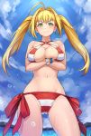  1girl ahoge arms_under_breasts bikini blonde_hair blue_sky breasts cleavage clouds commentary crossed_arms day earrings english_commentary fate/grand_order fate_(series) from_below green_eyes jewelry large_breasts long_hair looking_at_viewer navel nero_claudius_(fate)_(all) nero_claudius_(swimsuit_caster)_(fate) outdoors side-tie_bikini sky smile solo striped striped_bikini swimsuit twintails v-shaped_eyebrows water water_drop 