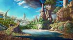  blue_sky bridge castle clouds cloudy_sky commentary_request day fantasy forest highres lightning lightning_bolt mitsu_ura mountain nature no_humans original outdoors scenery sky storm tree_stump water 