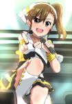  1girl :d arm_strap boots bracelet brown_eyes brown_hair collarbone eyebrows_visible_through_hair fingerless_gloves futami_ami gloves hair_between_eyes hairband holding holding_microphone idol idolmaster idolmaster_(classic) index_finger_raised jewelry knee_boots lieass long_hair looking_at_viewer microphone miniskirt necklace one_knee open_mouth shiny shiny_hair shiny_skin side_ponytail sketch skirt smile solo stage white_footwear white_gloves white_hairband 
