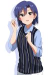  1girl :d alternate_hair_length alternate_hairstyle blue_hair blue_shirt brown_eyes dress_shirt eyebrows_visible_through_hair hair_between_eyes idolmaster idolmaster_(classic) idolmaster_million_live! idolmaster_million_live!_theater_days kisaragi_chihaya lieass looking_at_viewer open_mouth shadow shiny shiny_hair shirt short_hair simple_background smile solo standing striped_vest upper_body white_background 