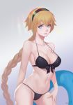  1girl bangs bikini black_bikini black_hairband blonde_hair blue_eyes braid breasts cleavage collarbone d.sum fate/grand_order fate_(series) front-tie_bikini front-tie_top hairband highres jeanne_d&#039;arc_(fate) jeanne_d&#039;arc_(fate)_(all) jeanne_d&#039;arc_(swimsuit_archer) large_breasts lips long_braid long_hair looking_at_viewer navel parted_lips single_braid solo strap_gap string_bikini swimsuit type-moon very_long_hair 