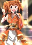  1girl :d asymmetrical_sleeves blue_eyes blurry blurry_background bracelet brown_hair cowboy_shot eyebrows_visible_through_hair floral_print hair_ornament holding holding_microphone idol idolmaster idolmaster_(classic) index_finger_raised japanese_clothes jewelry kimono lieass long_hair microphone open_mouth orange_kimono pants print_kimono shiny shiny_hair smile solo stage standing takatsuki_yayoi twintails white_pants 