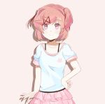  1girl arm_at_side artist_name casual chocomiru collarbone commentary doki_doki_literature_club english_commentary eyebrows_visible_through_hair eyes_visible_through_hair hair_ribbon hand_on_hip looking_at_viewer natsuki_(doki_doki_literature_club) pink_background pink_eyes pink_hair pink_skirt red_ribbon ribbon shirt short_hair short_sleeves simple_background skirt smile solo two_side_up white_shirt 