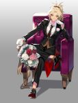  1girl absurdres armchair bangs black_footwear black_suit blonde_hair bouquet braid brown_vest chair chin_rest collared_shirt dress_shirt eyes_visible_through_hair fate/apocrypha fate/grand_order fate_(series) flower formal french_braid full_body gloves green_eyes grey_background grin hair_ornament hair_scrunchie highres long_sleeves looking_at_viewer mona0101 mordred_(fate) mordred_(fate)_(all) parted_bangs ponytail red_scrunchie rose scrunchie shirt shoes sitting smile solo suit vest white_flower white_gloves white_rose white_shirt 