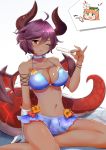  1girl :d ahoge anne_(shingeki_no_bahamut) arm_strap bandage bandaged_arm bandaged_hand bandages bikini bikini_skirt blonde_hair blue_bikini blush bracelet breasts chibi chibi_inset choker cleavage collarbone dark_skin dragon_girl dragon_horns dragon_tail dragon_wings eyelashes food granblue_fantasy grea_(shingeki_no_bahamut) green_eyes holding holding_food horns jewelry large_breasts licking_lips looking_at_viewer navel one_eye_closed open_mouth popsicle purple_hair red_eyes shingeki_no_bahamut short_hair sitting smile solo swimsuit tail takitsubo tan tongue tongue_out wings yokozuwari 