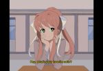  1girl 80s brown_hair chin_rest chocomiru commentary doki_doki_literature_club english english_commentary eyebrows_visible_through_hair eyes_visible_through_hair green_eyes grey_jacket hair_ribbon indoors jacket long_hair looking_at_viewer monika_(doki_doki_literature_club) oldschool pillarboxed ponytail ribbon school_uniform smile solo subtitled upper_body white_ribbon 