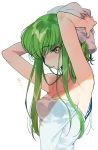  1girl armpits bare_arms bare_shoulders blush breasts c.c. cleavage code_geass creayus eyebrows_visible_through_hair green_hair hands_up highres long_hair looking_at_viewer medium_breasts naked_towel parted_lips simple_background solo towel towel_on_head upper_body wet white_background white_towel yellow_eyes 