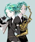  2others androgynous clipboard colored_eyelashes crystal_hair dual_persona elbow_gloves gem_uniform_(houseki_no_kuni) gloves gold golden_arms green_eyes green_hair grin highres houseki_no_kuni looking_at_viewer multiple_others necktie phosphophyllite short_hair smile sparkle 