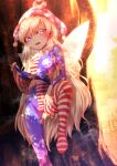  1girl against_tree american_flag_legwear blonde_hair blue_nails breasts clownpiece commentary_request fairy_wings flag_print grass half-closed_eyes hat highres jester_cap leg_up long_hair medium_breasts nail_polish navel neck_ruff nomayo open_mouth pantyhose red_nails shade shirt_lift sunlight touhou tree very_long_hair violet_eyes wings 
