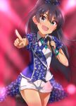  1girl :d aqua_eyes black_hair blue_bow bow cowboy_shot eyebrows_visible_through_hair fang floating_hair ganaha_hibiki hair_between_eyes hair_bow head_tilt high_ponytail holding holding_microphone idolmaster idolmaster_(classic) index_finger_raised leg_up lieass long_hair looking_at_viewer microphone open_mouth outstretched_arm shiny shiny_hair short_shorts short_sleeves shorts smile solo sparkle standing standing_on_one_leg very_long_hair white_shorts wristband 