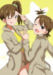  2girls ;d ;q brown_coat brown_hair brown_shorts coat collarbone floating_hair futami_ami futami_mami hair_between_eyes hair_ornament hair_scrunchie high_ponytail idolmaster idolmaster_(classic) lieass long_hair multiple_girls navel one_eye_closed open_clothes open_coat open_mouth scrunchie shiny shiny_hair shirt short_hair short_shorts shorts siblings side_ponytail sisters smile tongue tongue_out yellow_background yellow_shirt 