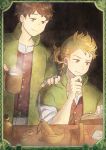  2boys alfyn_(octopath_traveler) blonde_hair brown_hair dark highres long_hair mozuku_(mozuuru0323) multiple_boys octopath_traveler open_mouth ponytail short_hair simple_background smile 