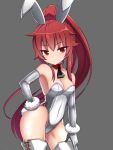  1girl alice360 animal_ears ascot black_ascot breasts bunny_tail bunnysuit cowboy_shot detached_collar elbow_gloves elesis_(elsword) elsword gloves grey_background hand_on_hip leotard long_hair looking_at_viewer medium_breasts ponytail rabbit_ears red_eyes redhead scrunchie solo standing strapless strapless_leotard tail thigh-highs white_gloves white_legwear white_leotard white_scrunchie wrist_scrunchie 
