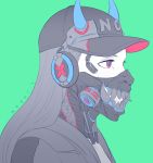  1girl aqua_background baseball_cap black_hair black_hat blue_eyes commentary cyberpunk face fangs flat_color gradient gradient_background hat headphones horned_headwear horns koyorin long_hair looking_away mask multicolored multicolored_eyes original pink_eyes portrait sharp_teeth signature solo star straight_hair teeth 