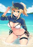  1girl ahoge artoria_pendragon_(all) baseball_cap beach bikini blonde_hair blue_eyes blue_hat blue_sky blurry blush breasts cleavage collarbone commentary_request day depth_of_field eyebrows_visible_through_hair fate/grand_order fate_(series) hair_between_eyes halterneck hat leaning_forward long_hair looking_at_viewer medium_breasts mitsukazu_(nijigen_complex) mysterious_heroine_xx_(foreigner) navel ocean open_mouth outdoors ponytail sand side-tie_bikini sidelocks sitting sky solo stomach swimsuit thigh_strap thighs water wet wet_clothes white_bikini 