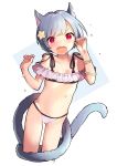  1girl absurdres animal_ears bangs bare_shoulders black_bikini_top cat_ears cat_girl cat_tail collarbone commentary_request cropped_legs dutch_angle eyebrows_visible_through_hair fang gluteal_fold groin hands_up head_tilt highres looking_at_viewer navel omucchan_(omutyuan) open_mouth original red_eyes short_hair silver_hair solo tail v-shaped_eyebrows wet white_bikini_bottom 