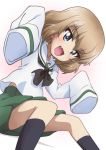  1girl alternate_costume bangs black_legwear black_neckwear blonde_hair blouse blue_eyes commentary dutch_angle eyebrows_visible_through_hair fang girls_und_panzer gradient gradient_background green_skirt invisible_chair kanau katyusha long_sleeves looking_at_viewer miniskirt neckerchief ooarai_school_uniform open_mouth oversized_clothes pink_background pleated_skirt school_uniform serafuku short_hair sitting skirt sleeves_past_wrists smile socks solo w_arms white_blouse 