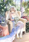  1girl armchair azur_lane bare_arms bare_shoulders birdcage blonde_hair blue_flower blue_rose blush bouquet bow breasts bridal_veil bride bush cage chair cleavage closed_mouth collar collarbone column commentary_request cross cross_earrings day dress earrings flower french full_body garter_straps glint hair_flower hair_ornament hair_over_one_eye high_heels highres holding holding_bouquet indoors jewelry kiyosato0928 light light_frown light_rays medium_breasts pillar pink_flower pink_rose rose see-through sheffield_(azur_lane) shoe_bow shoes short_hair sign sitting sleeveless sleeveless_dress solo sunbeam sunlight table thigh-highs tied_hair turret veil wedding_dress white_dress white_flower white_legwear white_rose window yellow_bow yellow_footwear 