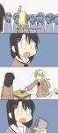  4koma 6+girls 6x318 arawi_keiichi_(style) bang_dream! blonde_hair blue_background brown_hair comic highres korean money_slap multiple_girls nichijou okusawa_misaki parody school_uniform shoes style_parody table translation_request tsurumaki_kokoro uwabaki white_background 