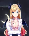  1girl artist_request bat_wings black_wings blush breasts character_request cleavage collarbone copyright_request crescent_moon eyebrows_visible_through_hair horn_ornament horns large_breasts long_hair looking_at_viewer moon night night_sky sky solo virtual_youtuber wings 