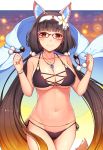  1girl animal_ear_fluff animal_ears benitsuki_tsubasa bikini black_bikini black_hair blush breasts brown_eyes brown_hair collarbone cowboy_shot eyebrows_visible_through_hair fate/grand_order fate_(series) fox_ears fox_tail glasses gradient_hair hairband highres jewelry large_breasts long_hair looking_at_viewer low_twintails magatama magatama_necklace multicolored_hair navel necklace night night_sky osakabe-hime_(fate/grand_order) outdoors side-tie_bikini sky smile solo standing swimsuit tail twintails very_long_hair 
